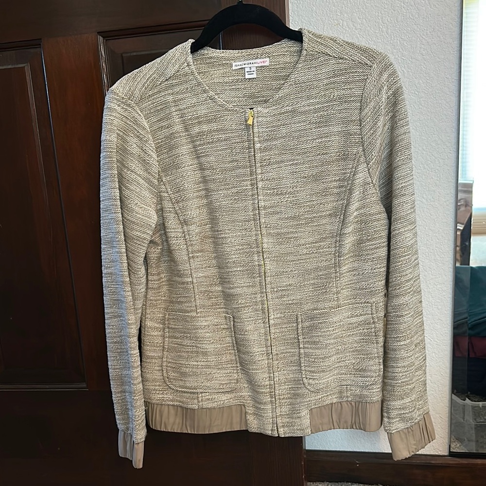 Isaac Mizrahi Beige Knit Zip-Front Bomber Jacket